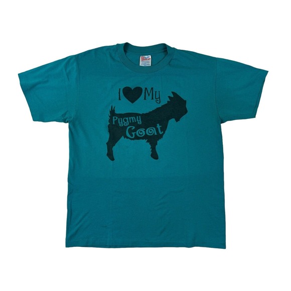 VTG Hanes Heavyweight 50/50 Green Crew Neck Short Sleeve T-Shirt Sz L Pugmy Goat - Picture 1 of 7